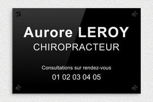 Plaque Professionnelle Plexiglass Noire - plaquepro-job-chiropracteur-003-0 - 300 x 200 mm - noir-blanc - screws-caps - plaquepro-job-chiropracteur-003-0