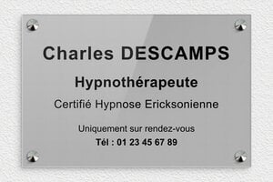 Plaque Professionnelle Plexiglass - plaquepro-job-hypnotherapeute-002-4111 - 300 x 200 mm - gris-noir - screws-caps - plaquepro-job-hypnotherapeute-002-4111