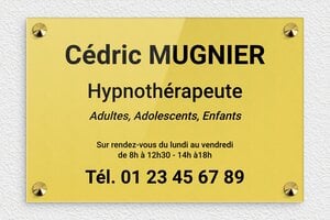 Plaque Professionnelle Plexiglass Or - plaquepro-job-hypnotherapeute-004-4 - 300 x 200 mm - or-clair-noir - screws-caps - plaquepro-job-hypnotherapeute-004-4