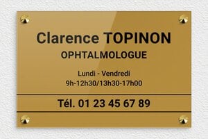 Plaque Ophtalmologue - plaquepro-job-ophtalmologie-001-4 - 300 x 200 mm - or-fonce-noir - screws-caps - plaquepro-job-ophtalmologie-001-4