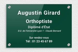 Plaque Orthoptiste - plaquepro-job-orthoptiste-002-4 - 300 x 200 mm - vert-blanc - screws-caps - plaquepro-job-orthoptiste-002-4