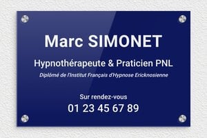 Plaque Professionnelle Hypnothérapeute - plaquepro-job-praticien-001-0 - 300 x 200 mm - bleu-blanc - screws-caps - plaquepro-job-praticien-001-0