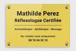 Plaque Professionnelle Plexiglass Or - plaquepro-job-reflexologue-001-4 - 300 x 200 mm - or-clair-noir - screws-caps - plaquepro-job-reflexologue-001-4