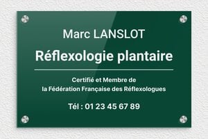 Plaque Professionnelle Plexiglass Verte - plaquepro-job-reflexologue-002-4 - 300 x 200 mm - vert-blanc - screws-caps - plaquepro-job-reflexologue-002-4