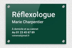 Plaque Professionnelle Plexiglass Verte - plaquepro-job-reflexologue-004-4 - 300 x 200 mm - vert-blanc - screws-caps - plaquepro-job-reflexologue-004-4