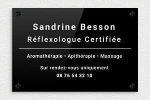 Plaque Professionnelle Plexiglass Noire - plaquepro-job-reflexologue-007-4 - 300 x 200 mm - noir-blanc - screws-caps - plaquepro-job-reflexologue-007-4