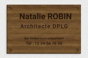 Plaque Professionnelle Bois - ppro-architecte-001-4556 - 300 x 200 mm - noyer - screws-caps - ppro-architecte-001-4556