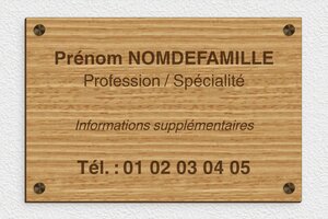 Plaque Professionnelle Personnalisée gravée ou imprimée - ppro-bois-001-5 - 300 x 200 mm - chene - screws-caps - ppro-bois-001-5