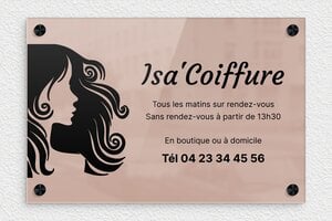 Plaque Coiffeur - ppro-coiffeur-001-1 - 300 x 200 mm - miroir-rose-noir - screws-caps - ppro-coiffeur-001-1