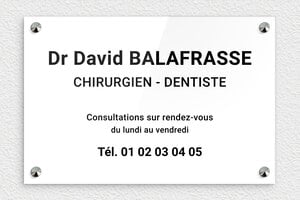 Plaque Professionnelle Plexiglass - ppro-dentiste-006-11 - 300 x 200 mm - blanc-noir - screws-caps - ppro-dentiste-006-11