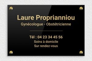 Plaque Professionnelle Plexiglass Noire - ppro-gynechologue-002-1 - 300 x 200 mm - noir-or - screws-caps - ppro-gynechologue-002-1