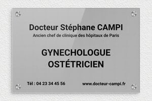 Plaque Professionnelle Plexiglass Grise - ppro-gynechologue-003-1 - 300 x 200 mm - gris-noir - screws-caps - ppro-gynechologue-003-1