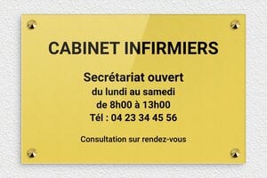 Plaque Professionnelle Plexiglass Or - ppro-job-cabinet-infirmer-006-4 - 300 x 200 mm - or-clair-noir - screws-caps - ppro-job-cabinet-infirmer-006-4