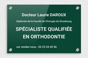 Plaque Professionnelle Plexiglass Verte - ppro-job-orthodontiste-008-1 - 300 x 200 mm - vert-blanc - screws-caps - ppro-job-orthodontiste-008-1