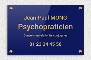 Plaque Psychopraticien - ppro-job-psychopraticien-003-1 - 300 x 200 mm - bleu-or - screws-caps - ppro-job-psychopraticien-003-1