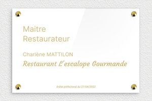 Plaque Professionnelle Maître Restaurateur - ppro-job-restaurateur-005-1 - 300 x 200 mm - blanc-or - screws-caps - ppro-job-restaurateur-005-1