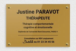 Plaque Thérapeute - ppro-job-therapeute-002-1 - 300 x 200 mm - or-fonce-noir - screws-caps - ppro-job-therapeute-002-1