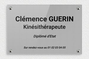 Plaque Kiné - ppro-kinesitherapeute-001-1 - 300 x 200 mm - gris-noir - screws-caps - ppro-kinesitherapeute-001-1