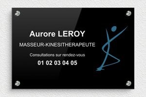 Plaque Professionnelle Plexiglass Noire - ppro-kinesitherapeute-003-2 - 300 x 200 mm - custom - screws-spacer - ppro-kinesitherapeute-003-2