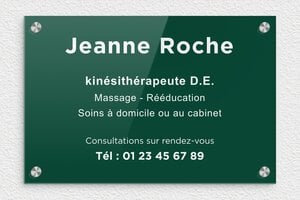 Plaque Kiné - ppro-kinesitherapeute-003-4 - 300 x 200 mm - vert-blanc - screws-caps - ppro-kinesitherapeute-003-4