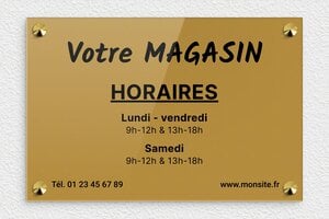Panneau horaire d'ouverture - ppro-magasin-001-0 - 300 x 200 mm - or-fonce-noir - screws-caps - ppro-magasin-001-0