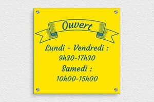 Panneau horaire d'ouverture - ppro-magasins-004-4 - 300 x 300 mm - jaune-bleu - screws-spacer - ppro-magasins-004-4