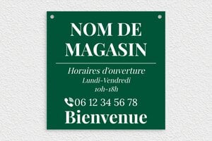 Panneau horaire d'ouverture - ppro-magasins-005-4 - 300 x 300 mm - vert-sapin-blanc - holes-only - ppro-magasins-005-4