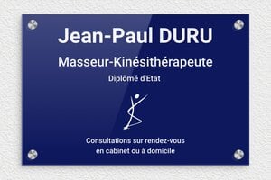 Plaque Kiné - ppro-masseur-kine-001-2 - 300 x 200 mm - bleu-blanc - screws-caps - ppro-masseur-kine-001-2