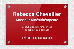 Plaque Kiné - ppro-masseur-kine-005-2 - 300 x 200 mm - rouge-blanc - screws-caps - ppro-masseur-kine-005-2