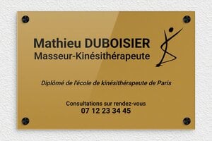 Plaque Kiné - ppro-masseurkine-001-1 - 300 x 200 mm - or-fonce-noir - screws-caps - ppro-masseurkine-001-1