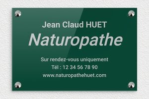 Plaque Professionnelle Plexiglass Verte - ppro-naturopathe-001-4 - 300 x 200 mm - vert-argent - screws-caps - ppro-naturopathe-001-4