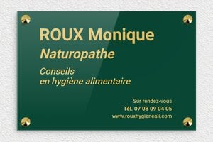 Plaque Professionnelle Plexiglass Verte - ppro-naturopathe-003-4 - 300 x 200 mm - vert-or - screws-caps - ppro-naturopathe-003-4