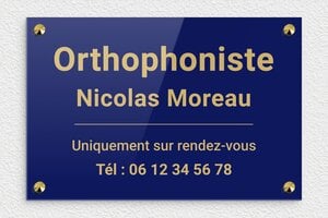 Plaque Orthophoniste - ppro-orthophoniste-002-4 - 300 x 200 mm - bleu-or - screws-caps - ppro-orthophoniste-002-4