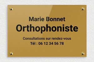 Plaque Orthophoniste - ppro-orthophoniste-003-4 - 300 x 200 mm - or-fonce-noir - screws-caps - ppro-orthophoniste-003-4