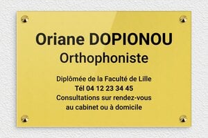 Plaque Orthophoniste - ppro-orthophoniste-005-1 - 300 x 200 mm - or-clair-noir - screws-caps - ppro-orthophoniste-005-1