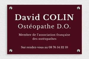 Plaque Professionnelle PVC - ppro-osteopathe-001-40 - 300 x 200 mm - bordeau-blanc - screws-caps - ppro-osteopathe-001-40