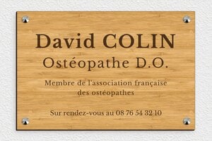 Plaque Professionnelle Bois - ppro-osteopathe-001-42 - 300 x 200 mm - bambou - screws-caps - ppro-osteopathe-001-42