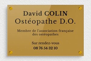Plaque Professionnelle Plexiglass - ppro-osteopathe-001-511 - 300 x 200 mm - or-fonce-noir - screws-spacer - ppro-osteopathe-001-511