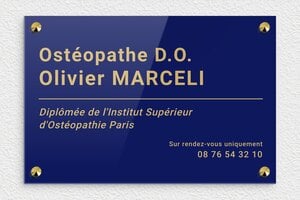 Plaque Ostéopathe - ppro-osteopathe-003-4 - 300 x 200 mm - bleu-or - screws-caps - ppro-osteopathe-003-4