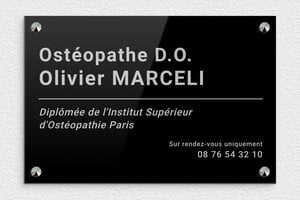 Plaque Professionnelle Plexiglass - ppro-osteopathe-003-40 - 300 x 200 mm - noir-argent - screws-caps - ppro-osteopathe-003-40