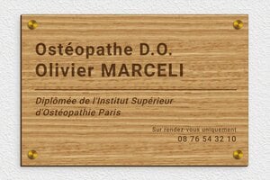Plaque Professionnelle Bois - ppro-osteopathe-003-405 - 300 x 200 mm - chene - screws-caps - ppro-osteopathe-003-405