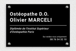 Plaque Professionnelle PVC - ppro-osteopathe-003-41 - 300 x 200 mm - noir-blanc - screws-caps - ppro-osteopathe-003-41