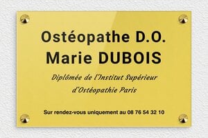 Plaque Ostéopathe - ppro-osteopathe-004-4 - 300 x 200 mm - or-clair-noir - screws-caps - ppro-osteopathe-004-4