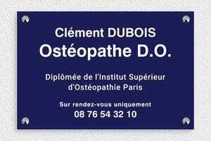 Plaque Ostéopathe - ppro-osteopathe-bois-001-1 - 300 x 200 mm - bleu-marine-blanc - screws-caps - ppro-osteopathe-bois-001-1