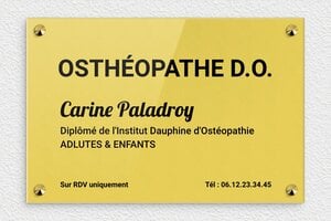 Plaque Professionnelle Plexiglass Or - ppro-ostheopathe-002-1 - 300 x 200 mm - or-clair-noir - screws-caps - ppro-ostheopathe-002-1