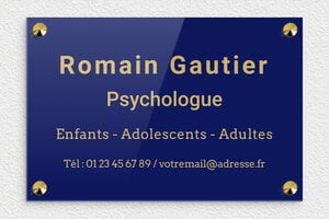Plaque Psychologue - ppro-psychologue-002-4 - 300 x 200 mm - bleu-or - screws-caps - ppro-psychologue-002-4