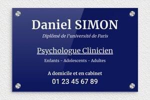 Plaque Professionnelle Plexiglass - ppro-psychologue-005-0 - 300 x 200 mm - bleu-blanc - screws-caps - ppro-psychologue-005-0