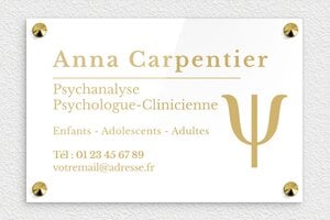 Plaque Psychologue - ppro-psychologue-005-4 - 300 x 200 mm - blanc-or - screws-caps - ppro-psychologue-005-4