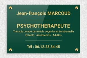 Plaque Psychologue - ppro-psychologue-008-1 - 300 x 200 mm - vert-or - screws-caps - ppro-psychologue-008-1