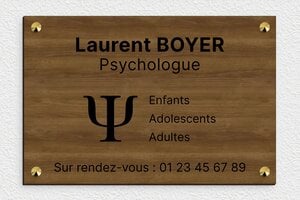 Plaque Professionnelle Bois - ppro-psychologue-laiton-55 - 300 x 200 mm - noyer - screws-caps - ppro-psychologue-laiton-55